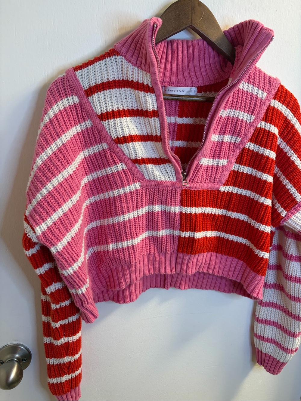 Altar’d State Pink Red Striped Quarter Zip Sweater M Cropped Colorblock Knit - Picture 4 of 15